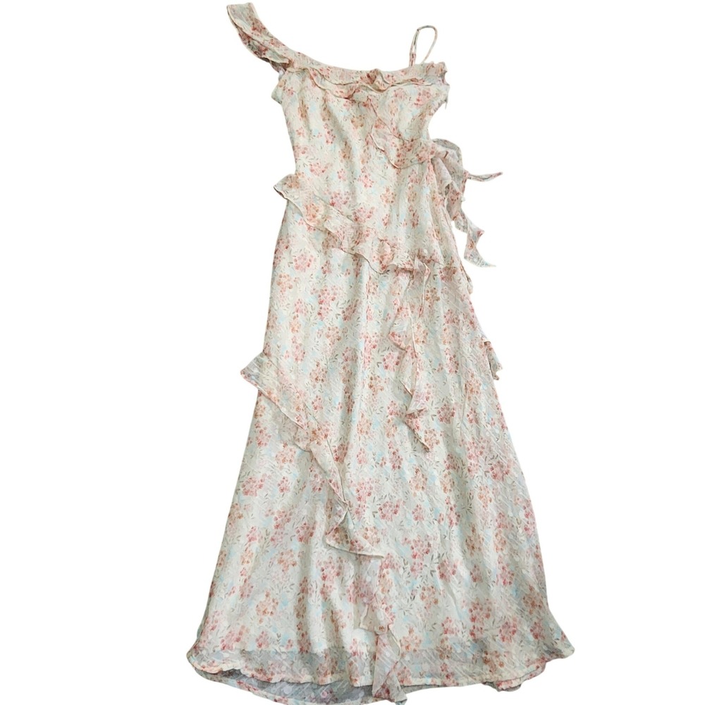 Storia One Shoulder Floral Ruffle Maxi Dress Cream Peach Blue JD9267TJ Small